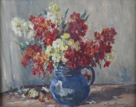 ARR OWEN BOWEN (1873-1987), Still life of wall flowers held in a blue jug on a table, oil on