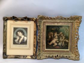 An overpainted print of a classical continental oil depicting cherubs with a lamb 18.5cm x 18cm