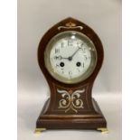 An Art Nouveau inlaid mahogany mantel clock balloon-shaped case, two-train Jules-Rolez movement,