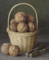 ARR Gerald Norden (1912-2000), Basket of walnuts and nutcrack, still life, oil on board, signed