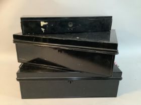 Three black metal deed boxes