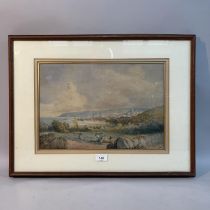 Coastal village with figures to foreground, watercolour, signed to lower left T L Rowbottom, 28cm