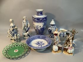 A collection of blue and white ware including a hexagonal blue and white vase painted with