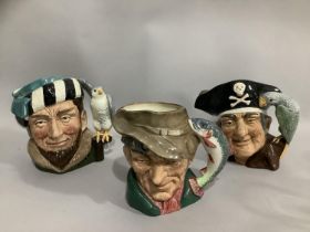 Three character jugs by Royal Doulton, 'The Falconer', 'The Poacher and 'Long John Silver'
