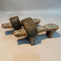 A pair of Ottoman empire style wooden stilt shoes with mother-of-pearl inlay, the velvet and leather