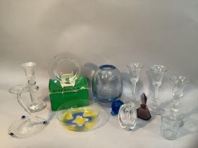 Mid to late 20th century glass including an ovoid blue tinted vase, a glass candlestick on dished