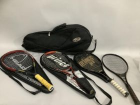 Three Prince Pro Tennis racquets in zip bags together with a Head IS24 racquet in case