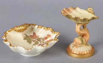 A Royal Worcester shell and dolphin bonbon dish in blush ivory and gilt, 11cm high together with a