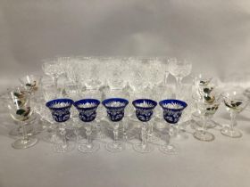 Four hock glasses by Stuart crystal with two others and a quantity of glassware including cobalt