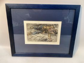 Ronald Olley, The Collapse, signed lithograph, in blue frame, 12.5cm x 17cm