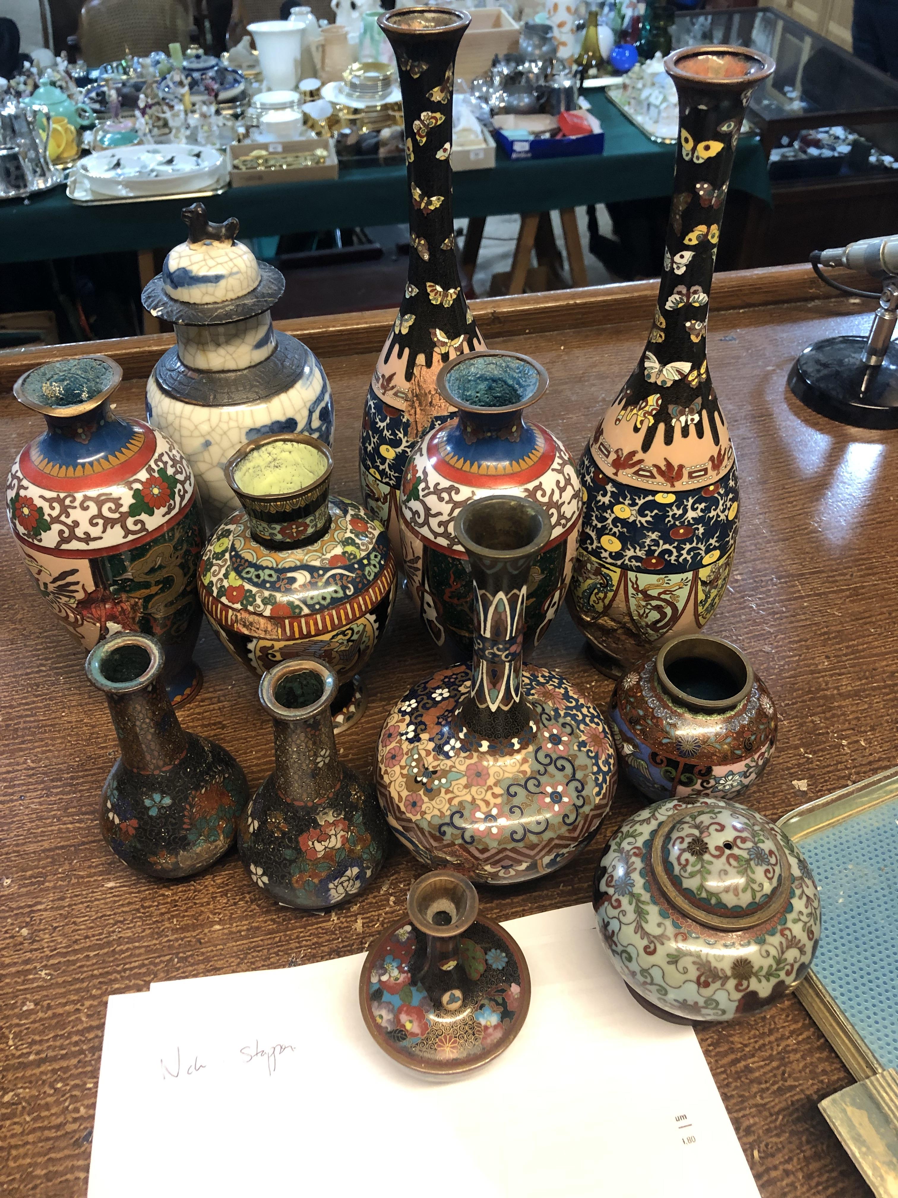 A collection of Chinese Cloisonné ware, including two pairs of vases, odd vases, vase and cover etc. - Image 4 of 4