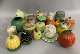 A quantity of pottery preserve pots by Beswick, Carltonware Melba ware, Royal Winton etc