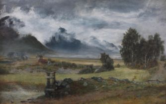 George Sherwood Hunter (Scottish c1846/50-1919/30) Ballatae Lowlands with mountains beyond, oil on