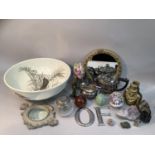 An Aesthetic movement toilet bowl, hand painted, two birds amongst grasses, a gilt moulded mirror,