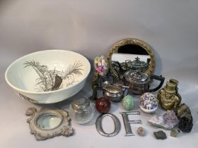 An Aesthetic movement toilet bowl, hand painted, two birds amongst grasses, a gilt moulded mirror,