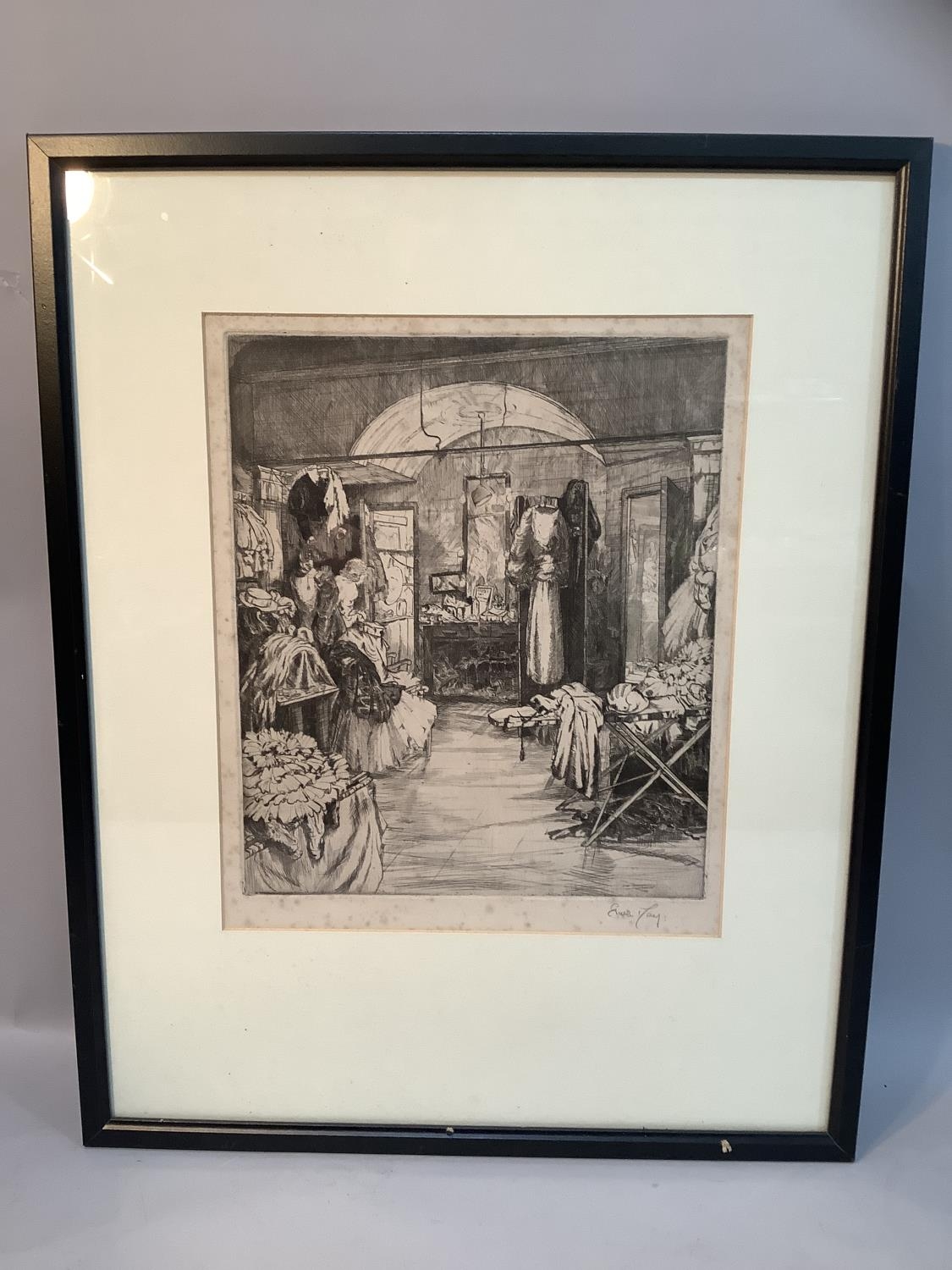 Gwen May (1903 - 1992), The Theatre Dressing Room, etching signed in pencil, 31cm x 26.5cm, framed