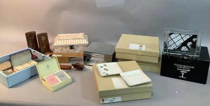 Two jewellery boxes, one mirrored, a collection of playing cards in cases, Hanoca Momoca dishes in
