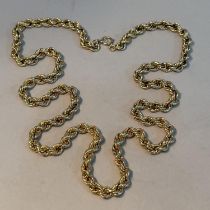 A neck chain in 9ct gold hollow rope links, approximate length 74cm, approximate weight 37g