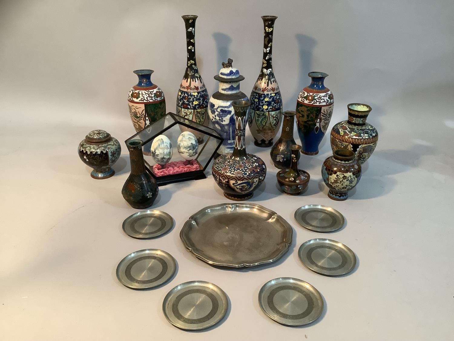A collection of Chinese Cloisonné ware, including two pairs of vases, odd vases, vase and cover etc. - Image 2 of 4