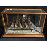 A Cased Diorama Model Of A Four Mast Ship, Case Size 21" X 14"