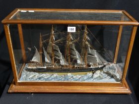 A Cased Diorama Model Of A Four Mast Ship, Case Size 21" X 14"