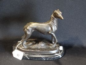 A Cast Bronze Model Of A Greyhound On A Marble Base, Signed Mene, 8" High