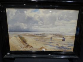 T.A.D Wills, Watercolour, North Wales Beach Scene With Cockle Pickers, Anglesey Coastline In The