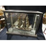 A Cased Diorama Model Of A Three Mast Sail Ship, Case Size, 18" X 24"