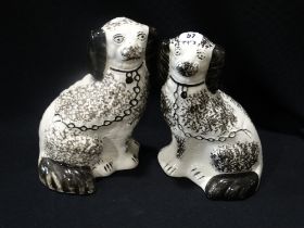 A Pair Of Staffordshire Pottery Black & White Sponge Decorated Seated Dogs, 10" High