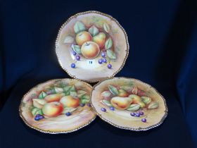 Three Coalport Gilt Bordered Painted Fruit Plates, Signed By Joseph Mottram & Norman Lear, 11" Dia