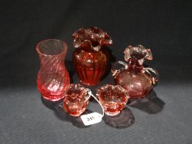 Five Cranberry Glass Jugs & Vases