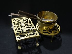 Two Steel Handled Antique Brass Saucepans Etc