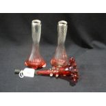 A Pair Of Cranberry Tinted & Silver Banded Glass Vases, Together With An Epergne Branch