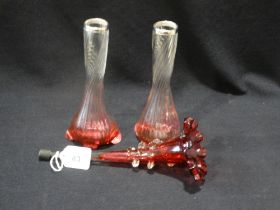 A Pair Of Cranberry Tinted & Silver Banded Glass Vases, Together With An Epergne Branch