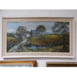 Gwyneth Tomos, Oil On Canvas, North Wales Farmhouse View With River & Bridge To The Foreground,