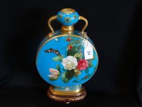 A Minton Pottery Two Handled Moon Vase With Panels Of Flowers & Butterflies, Signed By Richard