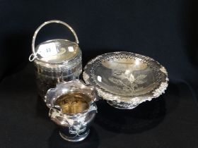 A Silver Plated Biscuit Barrel, Together With A Fruit Stand & Flower Pot (3)