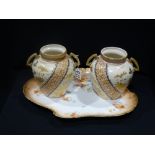 A Pair Of Edwardian Two Handled Pottery Vases With Gilt Floral Decoration, Together With A Floral