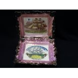 Two Sunderland Pink Lustre Decorated Wall Plaques, One Titled "A Frigate In Full Sail" The Other "