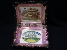 Two Sunderland Pink Lustre Decorated Wall Plaques, One Titled "A Frigate In Full Sail" The Other "