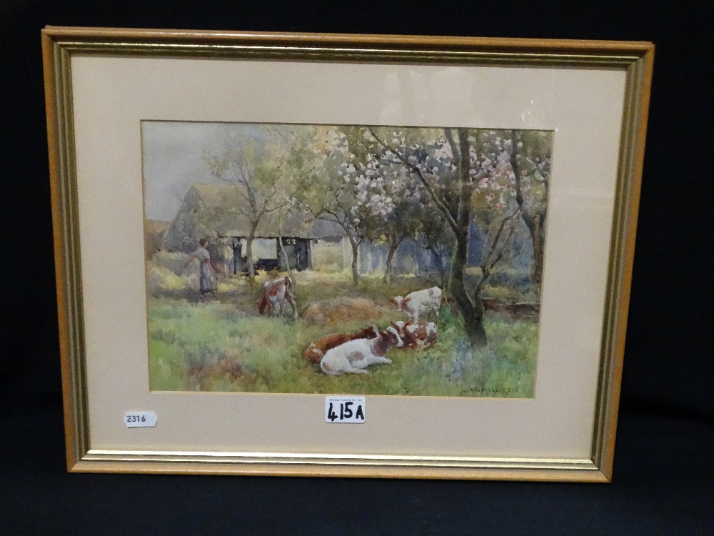 James W. Milliken (Victorian School) Watercolour, Farm Paddock Scene With Calves & Milk Maid,