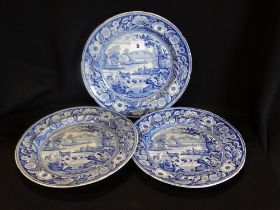 Three 19thc Staffordshire Pottery Circular Blue & White Transfer Decorated Plates With Rural Scene,