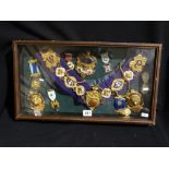 A Table Top Display Case Containing A Qty Of Masonic Regalia