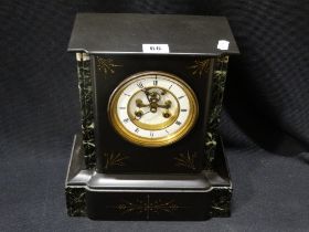 A Victorian Black Marble Based Mantel Clock With Circular White Dial & Visible Escapement