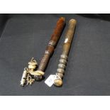 Two Vintage Wooden Police Truncheons, Together With An Arp Whistle