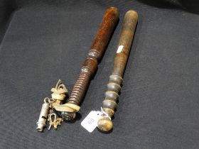 Two Vintage Wooden Police Truncheons, Together With An Arp Whistle