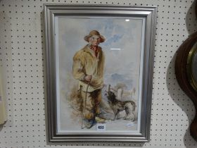 S. Cook, Watercolour, Portrait Of A Farmer & Dog, Signed, 15" X 10"