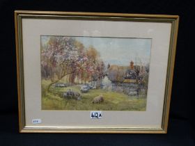 James W. Milliken (Victorian School) Watercolour, Thatched Farmhouse Scene With Sheep in A Paddock,