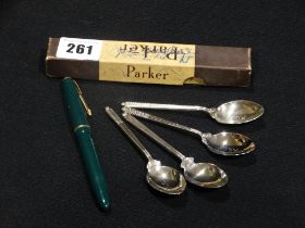 A Boxed Parker Fountain Pen With 14k Nib, Together With Four Silver Golf Club Coffee Spoons