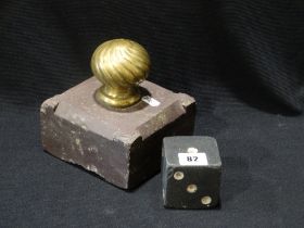 An Antique Welsh Slate Door Stop With Brass Finial, Together With A Slate Dye